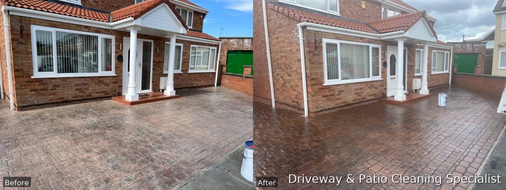 Before and after picture of driveway imprinted concrete sealant clean and treatments